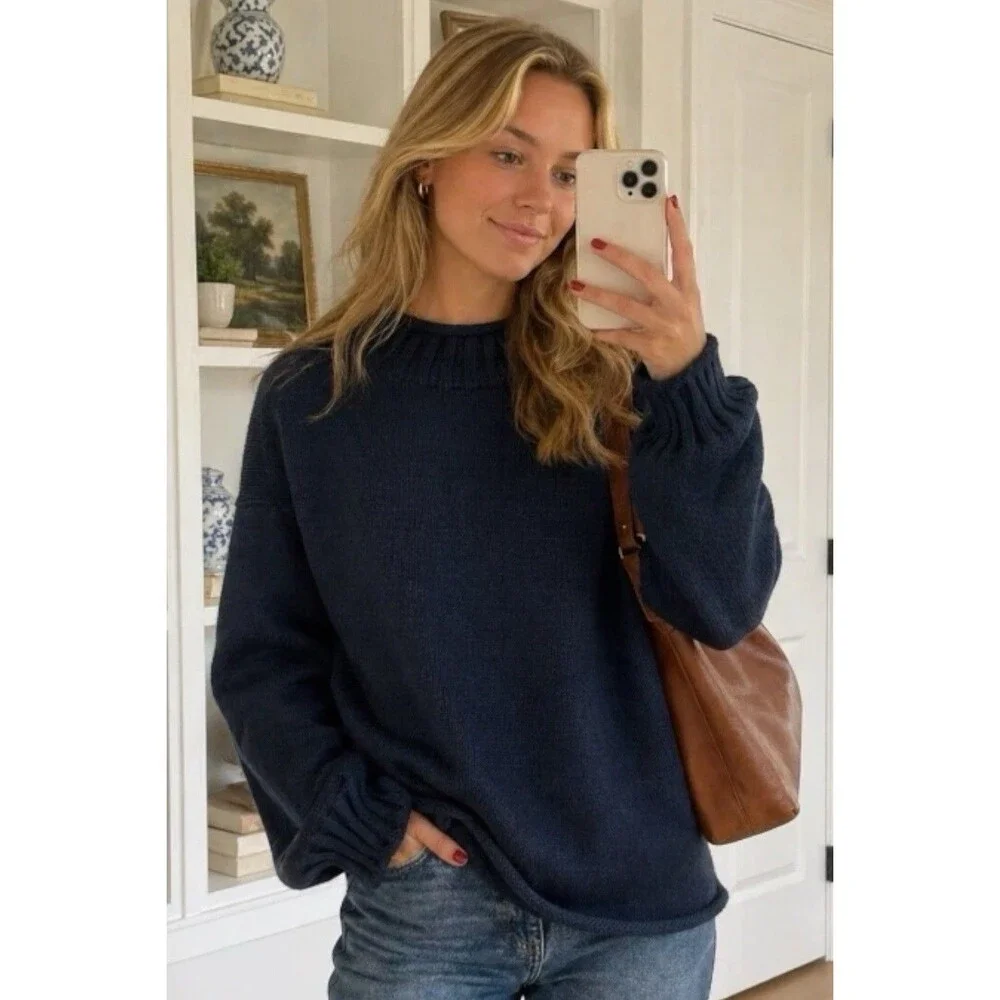J Crew 2025 Rollneck Sweater Womens L Navy Blue 100% Cotton Coastal Minimalist